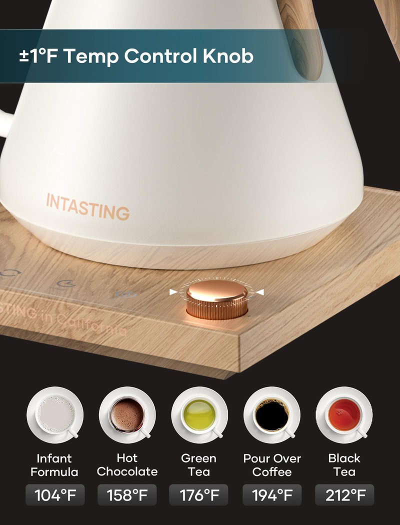 INTASTING Electric Kettle, Gooseneck Electric Kettle, ±1℉ Precise Temperature Control, Stainless Steel Interior, Quick Heating for Pour Over Coffee, Tea & Boiling Water, 0.9L (Cream White)