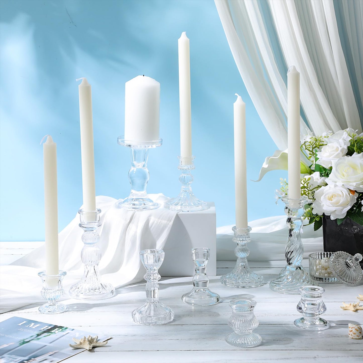 Mumufy 40 Sets Glass Crystal Taper Candle Holders Stand Centerpiece Bulk with 10 in Taper Candles Sticks Clear Decorations Table Wedding Dining Party (Transparent)