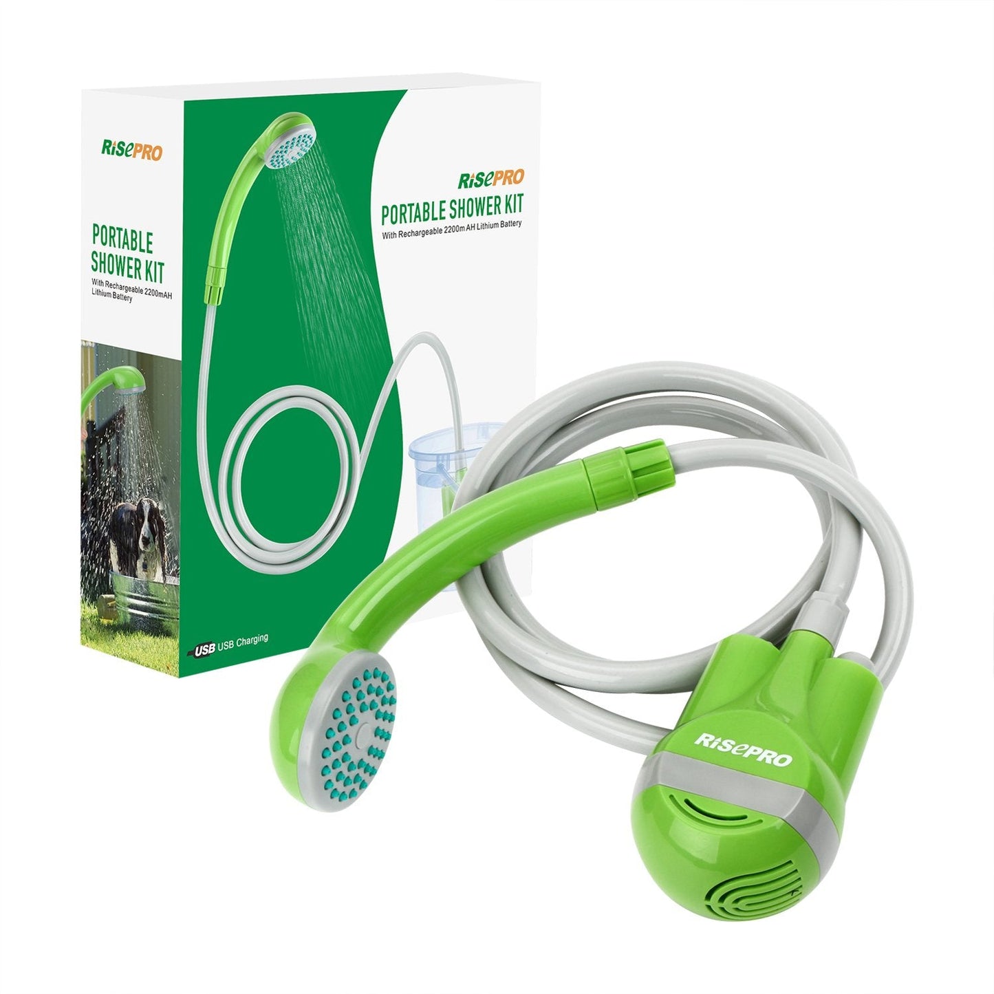 RISEPRO Portable Camping Shower, Outdoor Head, Pump With Rechargeable Battery, USB Charging Line, Pumps Water From Bucket for Hiking, Pet Cleaning, Car Washing