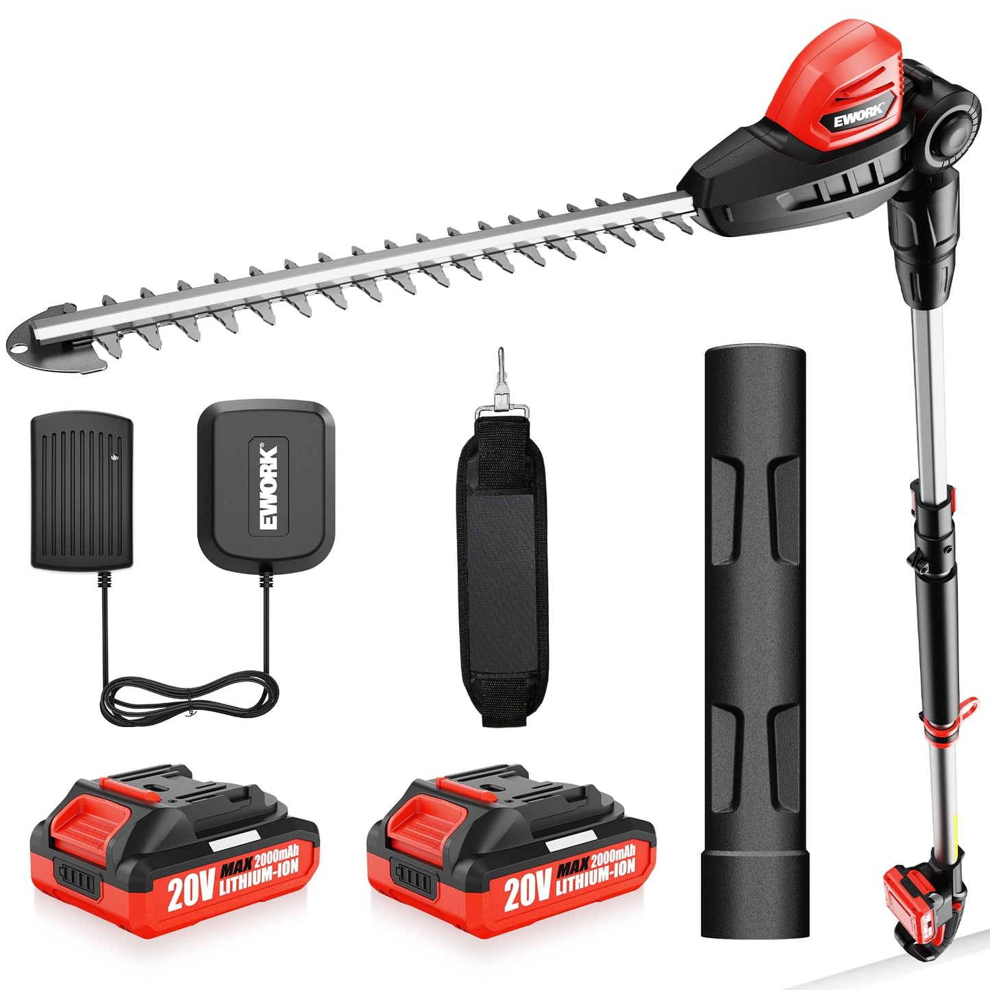 EWORK 20V Cordless Pole Hedge Trimmer with 2 Batteries and Charger, 18-Inch Blade Pole Trimmer, 6.3Ft-8.6Ft Extended Reach, 11-Angle Pivoting Head, Lightweight 6 LBS Battery Powered Bush Shrub Cutter