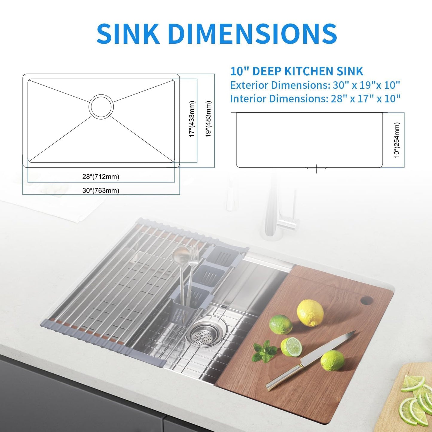 SANYCASA 30 Inch Undermount Kitchen Sink Superior Drain Kitchen Sinks 11 Gauge (3mm) Stainless Steel, Single Bowl Integrated Ledge Multifunctional Workstation Set -