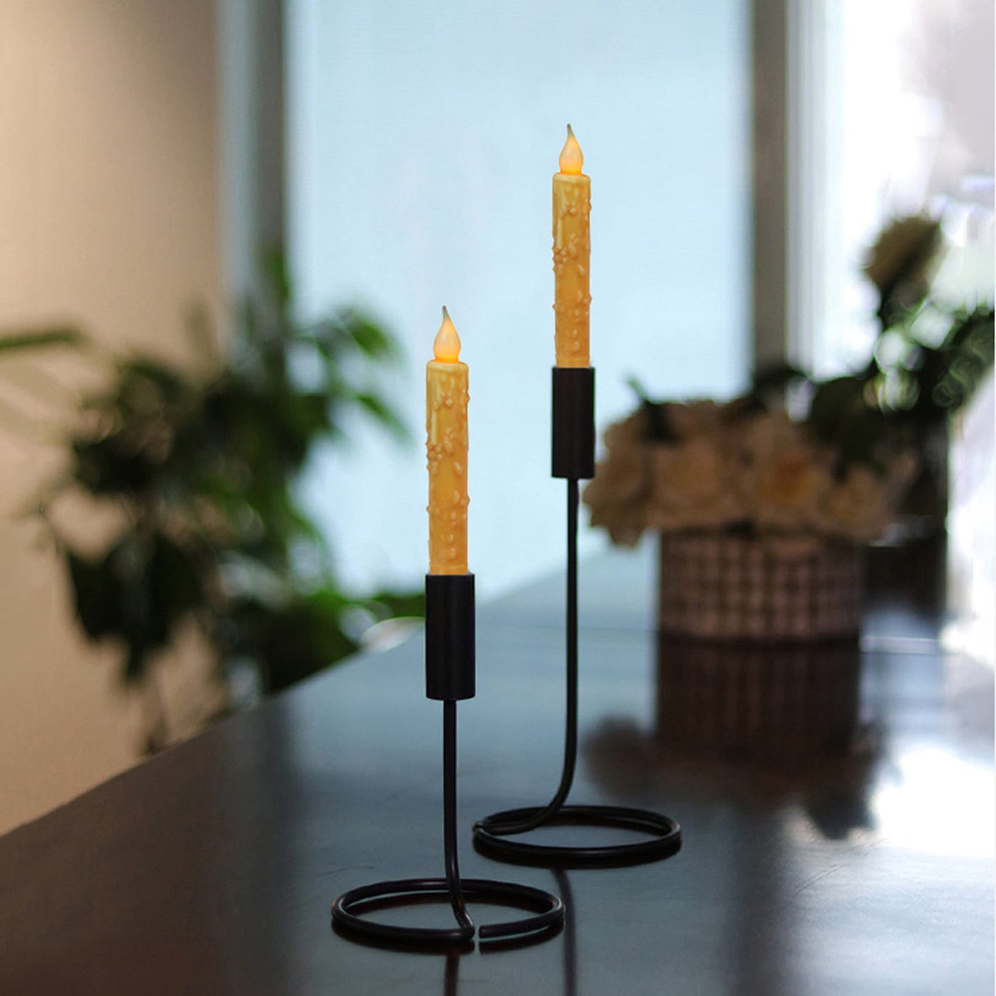 CVHOMEDECO. Real Wax Hand Dipped Battery Operated LED Timer Taper Candles Rustic Primitive Flameless Lights Decor, 6-3/4 Inch, Orange, 2 PCS in a Package