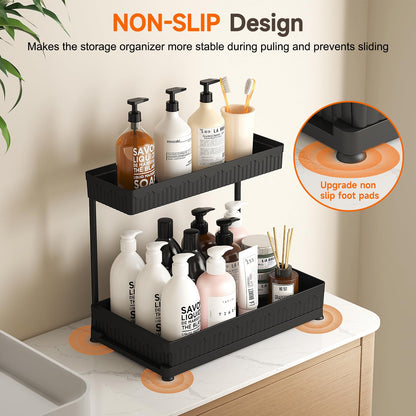 Sevenblue 3 Pack Multi-Purpose Under Sink Organizers and Storage, 2025 L-Shaped Pull Out Cabinet Organizer for Bathroom & Kitchen, Under Cabinet Organizer with Hooks Hanging Cup, Black