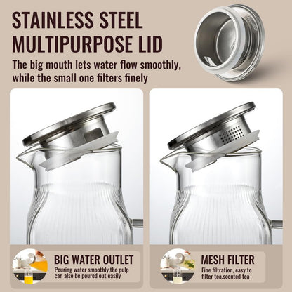 Snuvid 2 Pack 2 Liter/68 oz Square Glass Pitcher with Lid, Classic Stripes Water Pitchers with Handle for Fridge, Large Jug for Iced Tea, Borosilicate Glass Carafe for Hot/Cold Brew Drink, Silver