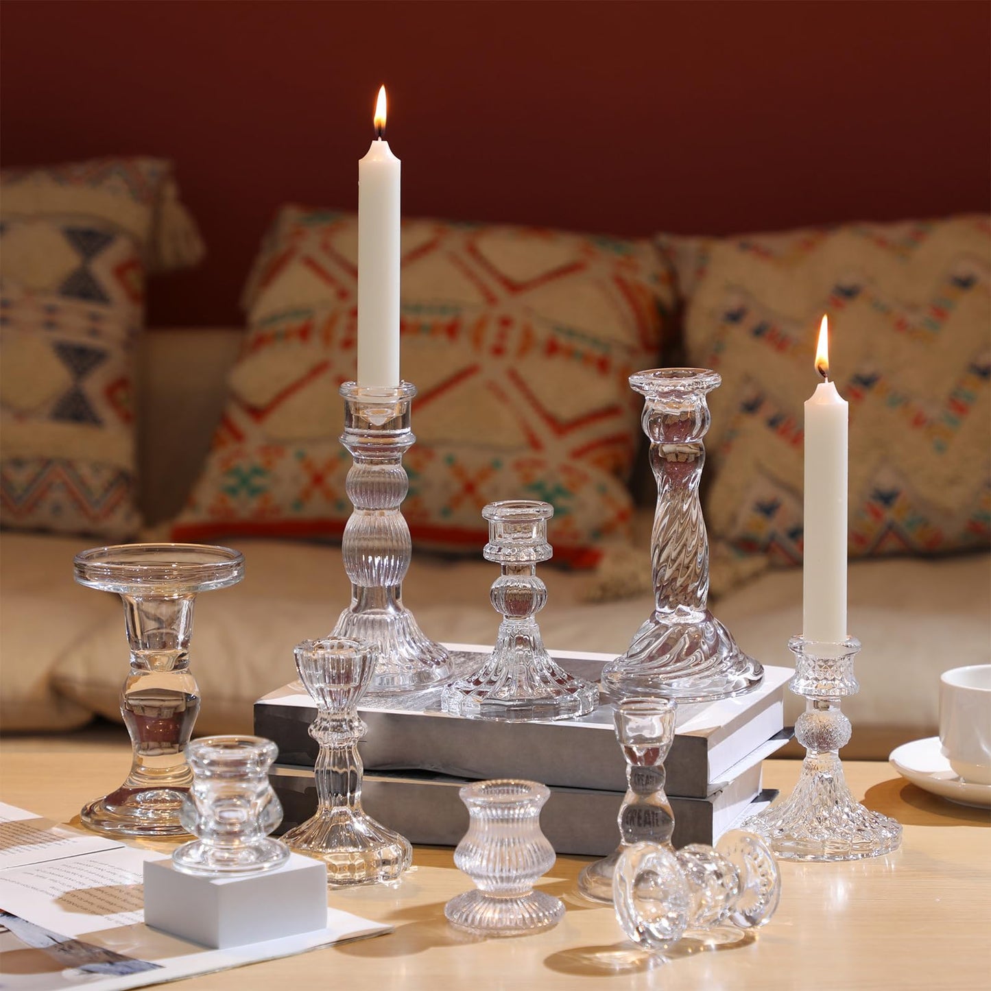Mumufy 20 Pcs Glass Crystal Taper Candle Holders Clear Glass Candlestick Holder Fit 0.8 Inch Candles Crystal Decorative Candle Stand Centerpiece Table Wedding Dining Party(Clear)