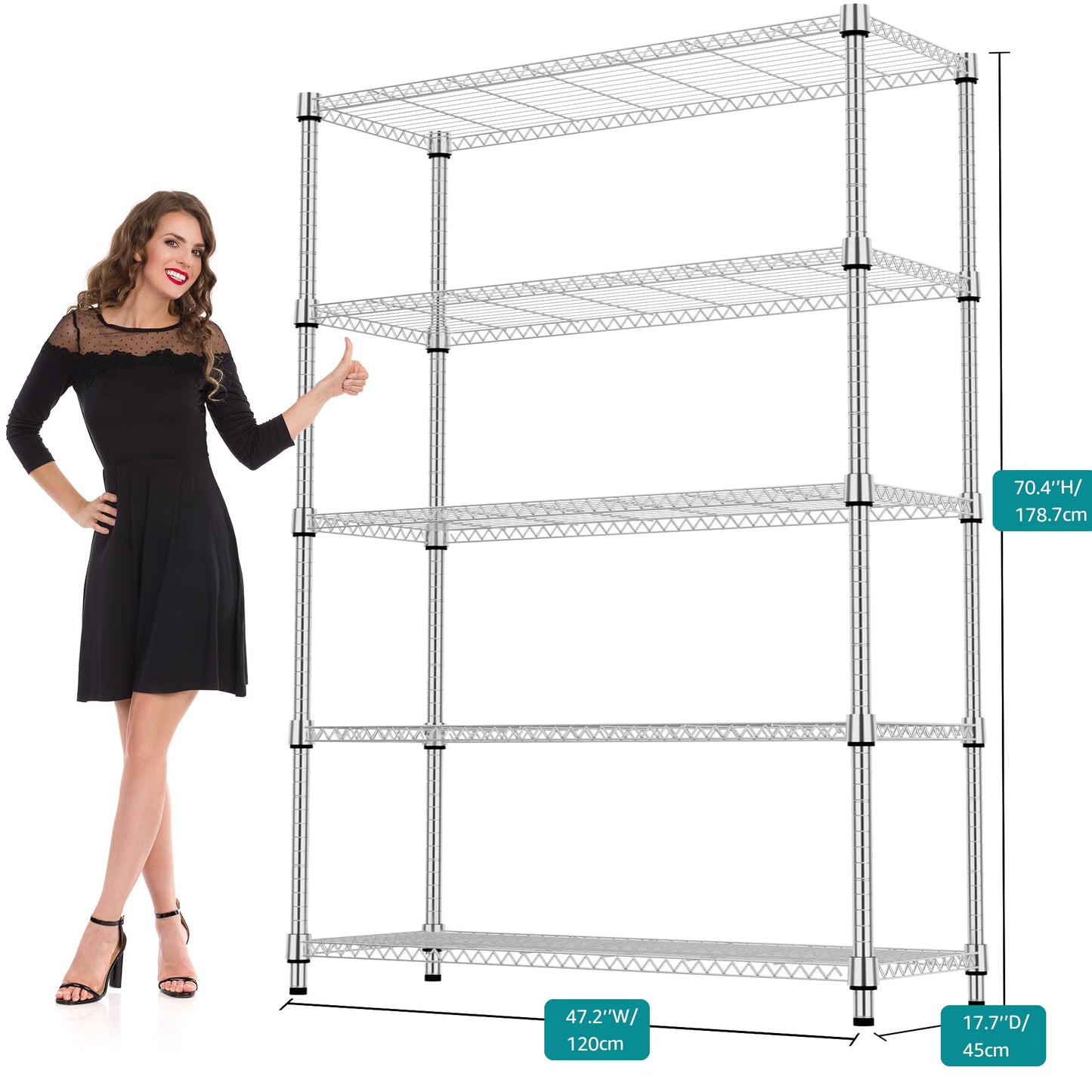 M MZG 1750LBS 47.2" W 5 Tiers Shelf Steel Storage Shelves Metal Shelving Unit Steel Organizer Wire Rack for Home,Kitchen,Office,Garage Chrome 17.7" D x 47.2" W x 72.4" H