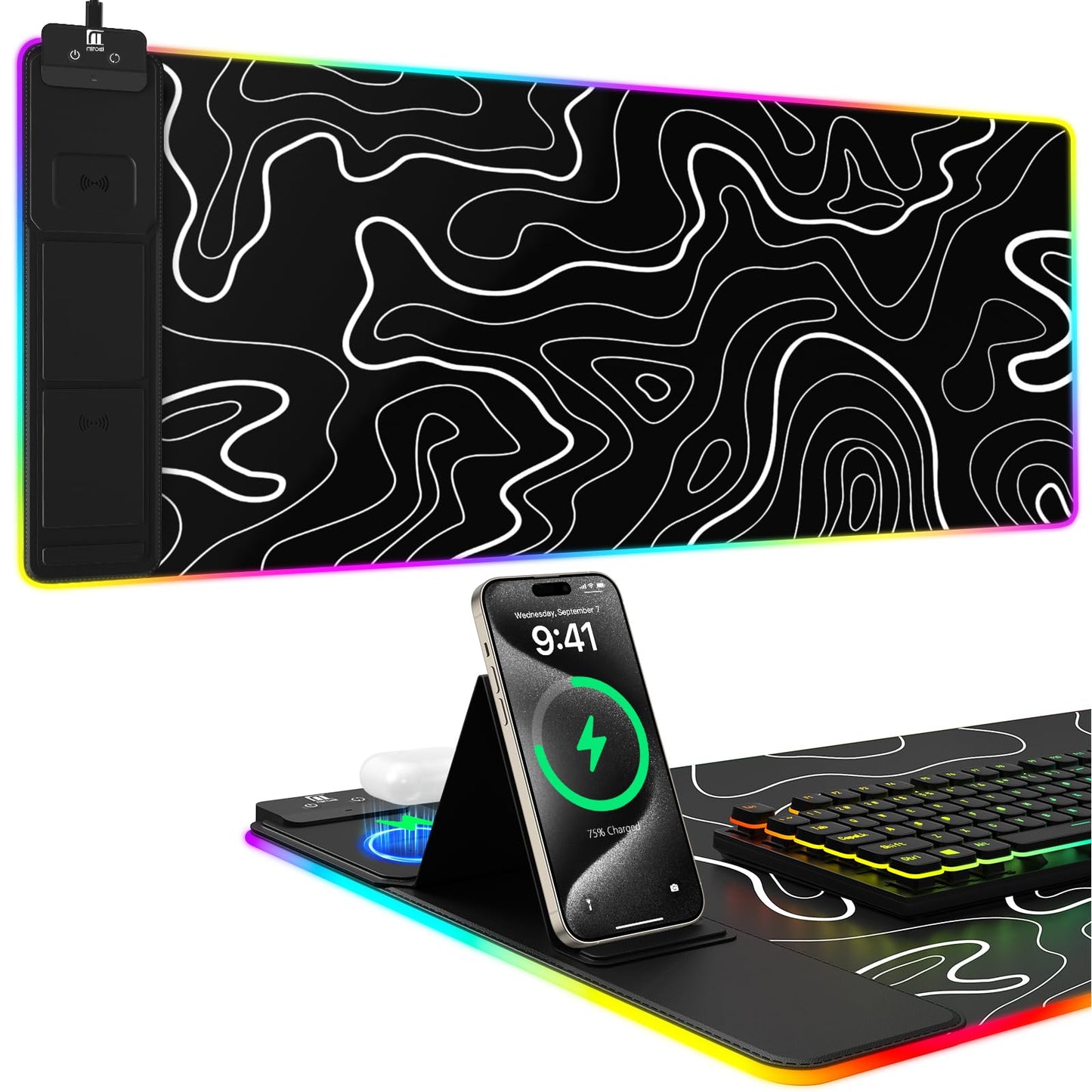 Mouse Pad with Wireless Charging, Large Desk Mat RGB Gaming Mousepad, 10 Light Colors LED Gaming Pad Keyboard Pad with Ultra-Smooth Surface & Non-Slip Rubber Base, Waterproof Full Desk Mouse Pad