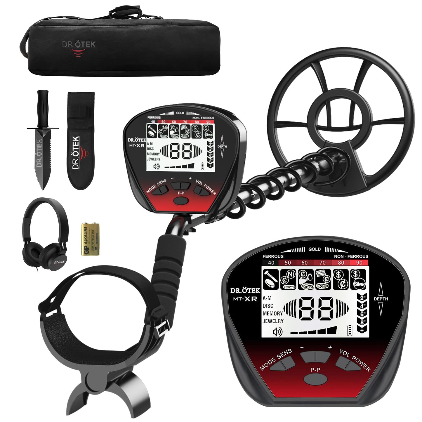 DR.ÖTEK Metal Detector for Adults Waterproof, Professional Gold Detector Kit with High Accuracy, 10" IP68 Coil, Backlight LCD Display, 5 Modes, Advanced DSP Chip for Treasure Hunting, MTXR-Red