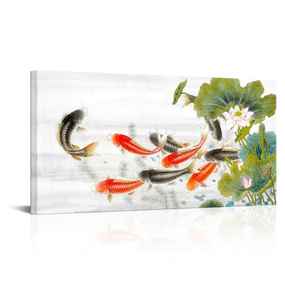 iLOOKLiKE Nine Koi Fish Canvas Wall Art Feng Shui Lucky Carp Lotus Flower Leaves Pond Picture Traditional Chinese Paintings Print Asian Artwork Poster Home Decor for Living Room Bedroom 20x40inch