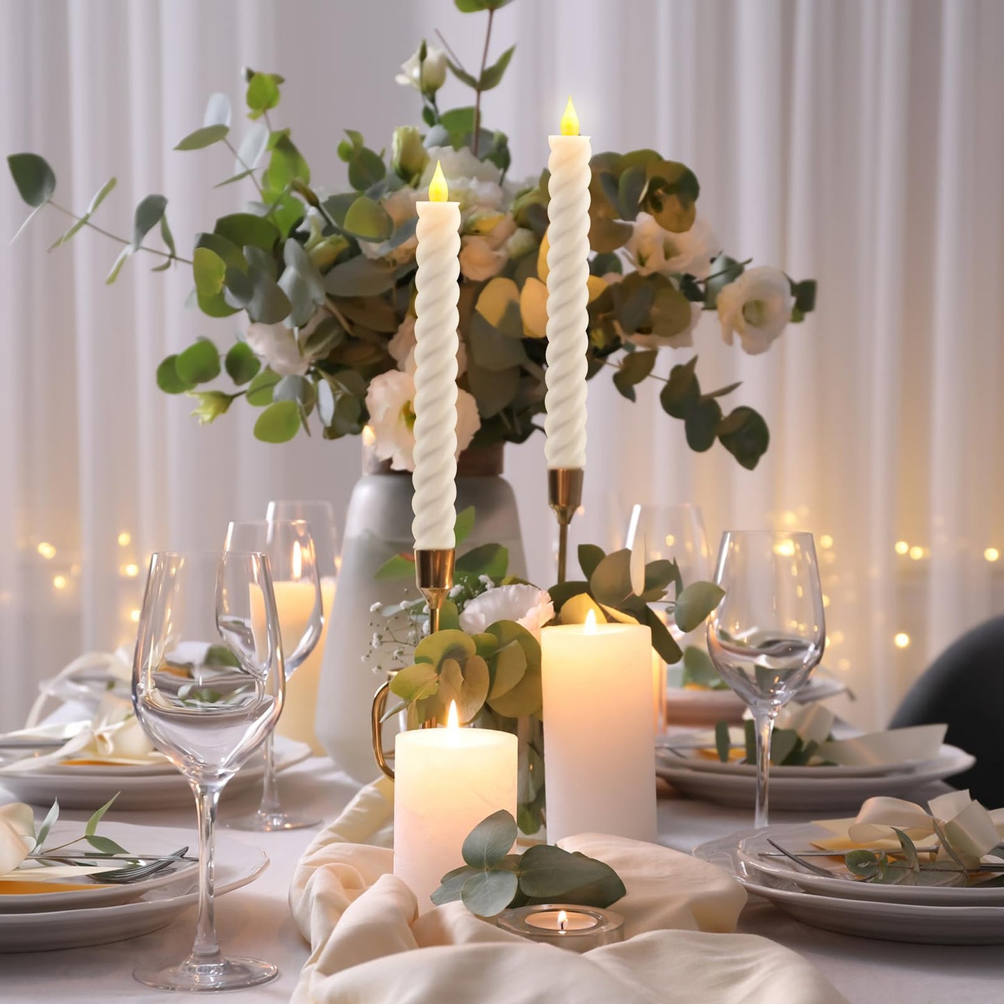 Baquler 6 Pcs White Flameless Taper Candle Twisted LED 9.65 Inch Spiral Taper Candles Battery Operated Twisted Candlesticks for Spring Wedding Birthday Home Party Holiday Dinner Fireplace