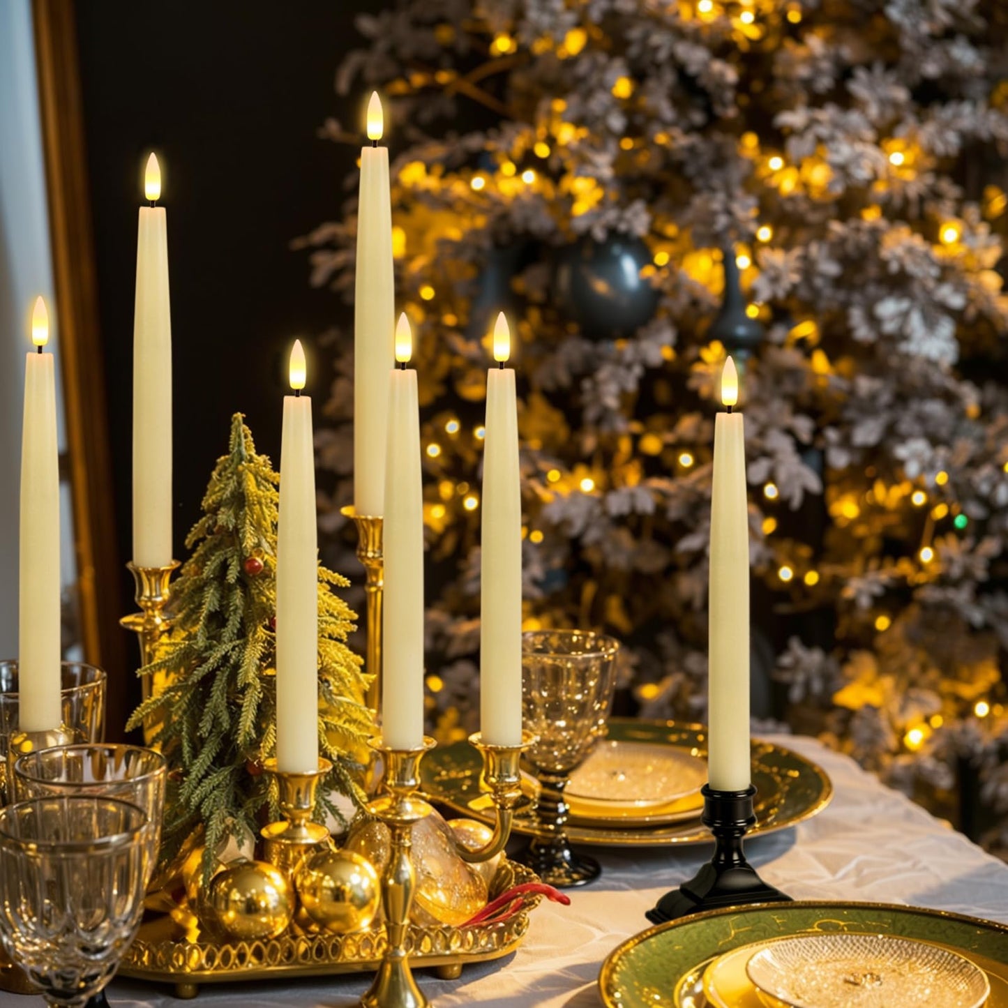 GenSwin Christmas Window Candles with Remote Timer, 3 Pcs Battery Operated Window Candles, Real Wax LED Flameless Taper Candle with Black Flameless Candlesticks for Home Decor(Ivory)