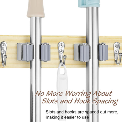 OUTNILI Mop and Broom Holder Wall Mount - Light Wood Organizer with 4 Slots & Hooks for Garage, Kitchen, Laundry Room