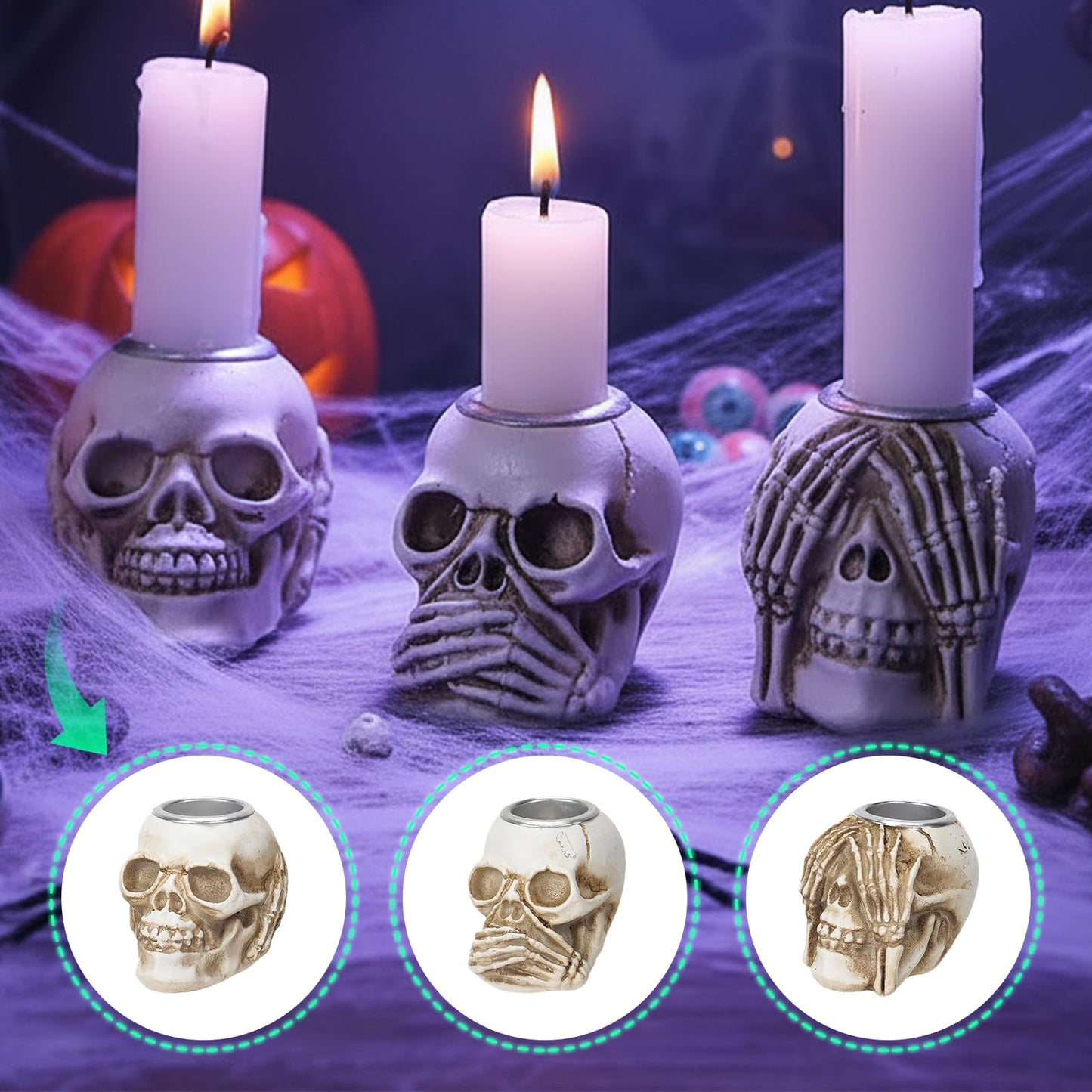 Helloween Skull Candle Holder Set of 3 Skeleton Head Candlestick Holders,Resin Skull Decor for Home Tabletop Spooky Theme Party Decor Supplies