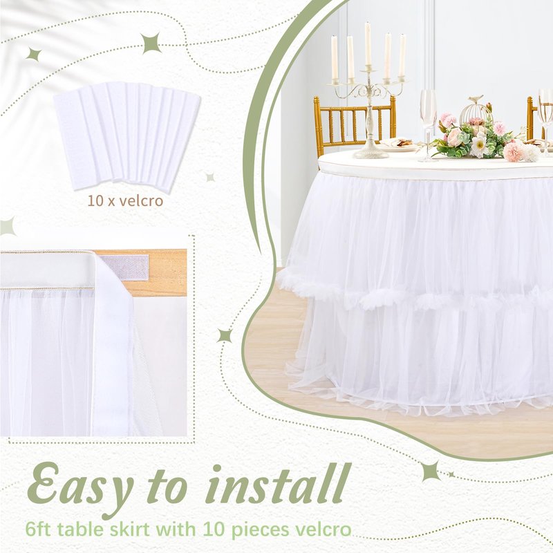 White Tulle Table Skirt for Rectangle Tables or Round Tables 6ft Wedding Tablecloth Fluffy Tutu Table Skirt for Birthday Party Dessert Cake Table Decorations 2 Layer Tulle