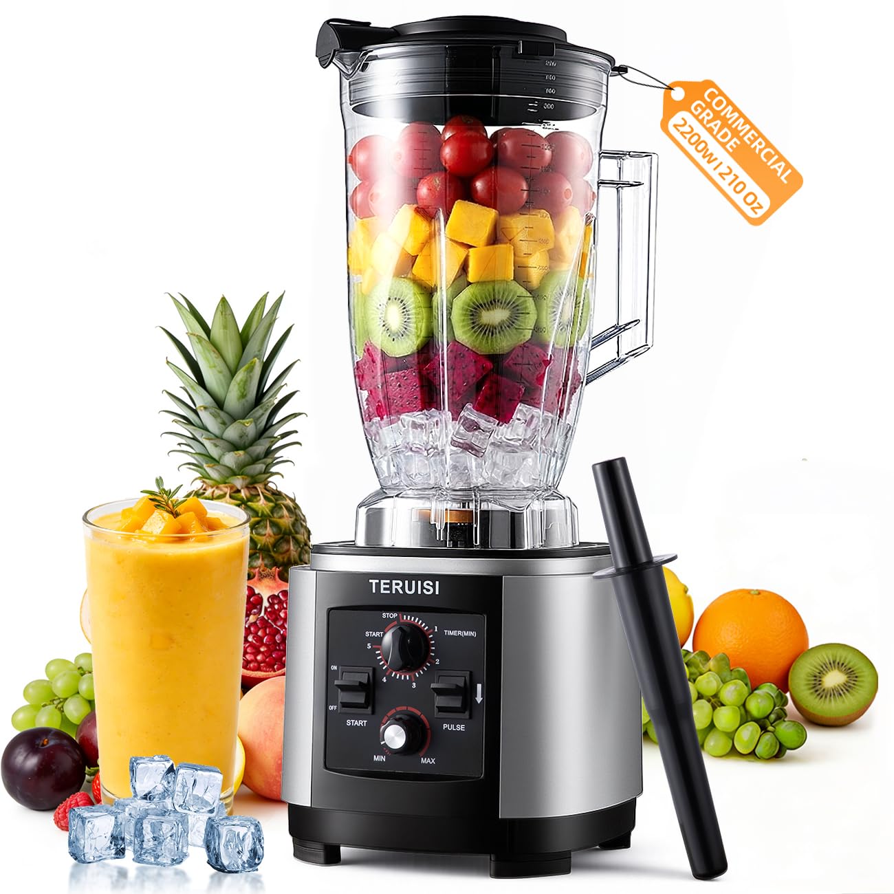 TERUISI 210 Oz / 6 L Commercial Blender, Heavy Duty Industrial Blender with Adjustable Speed & Timer Function, 2200W Countertop Blender with 23000RPM for Ice Crushing, Frozen Drinks, Milkshakes, Puree