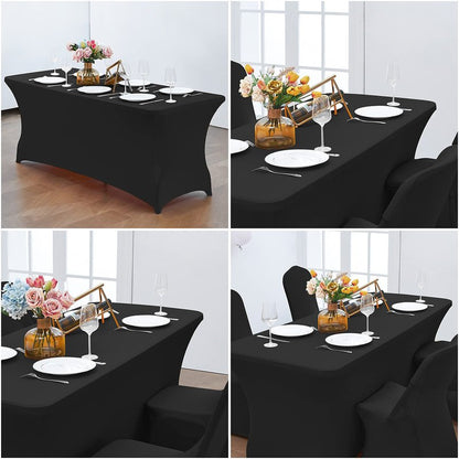 CWK 6FT 2Pcs Stretch Spandex Table Cover for Rectangular Tables - Elastic Fitted Tablecloth for Folding Tables, Wrinkle Resistant, Durable Table Protector for Parties,Weddings,Banquets &Events (Black)