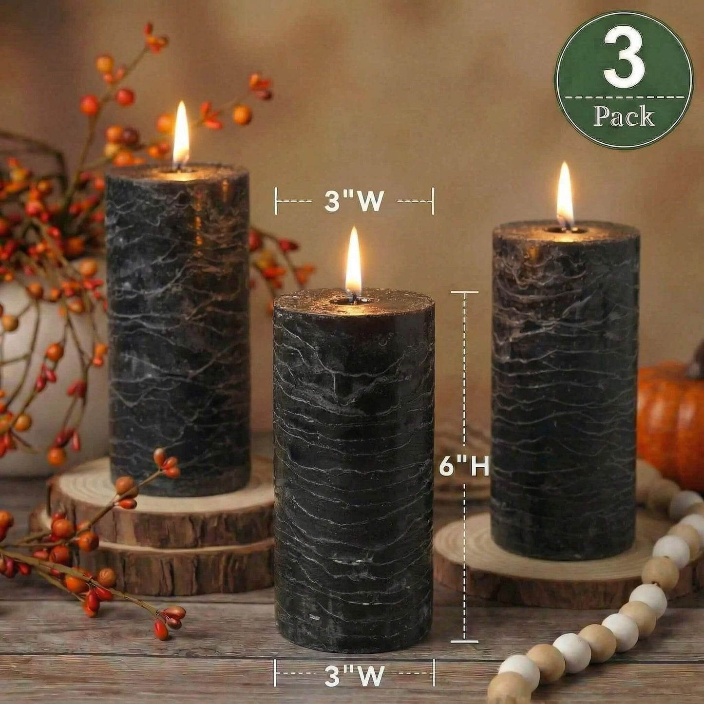 Richland Set of 3 Pillar Candles 3" x 6" Unscented (Black Rustic) for Weddings Home Holidays Relaxation Spa Parties