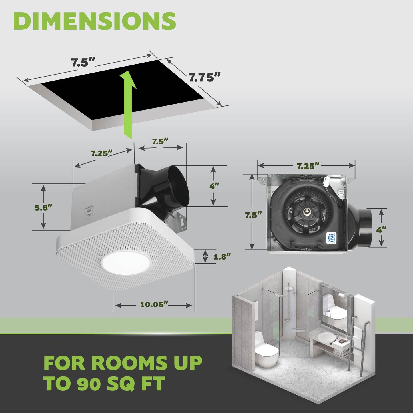 Homewerks 7130-40-BT DC Bathroom Fan with Light and Bluetooth Speaker 90-CFM 1.2 Sones White Easy Install, 4000 Kelvin Cool White Light