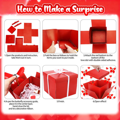 Red Flying Butterfly Explosion Gift Box, Love You, Unique Exploding Surprise Box with Love Heart and 4 PCS Butterflies for Valentine's Day, Birthday, Wedding, Anniversaries