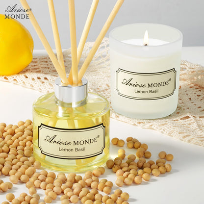 Reed Diffuser & Scented Candle Gift Set, Lemon Basil Oil Diffuser Sticks, Fragrance Diffuser & Soy Wax Candles in Glass Jar, Natural Soy Candles Gifts for Home Decor