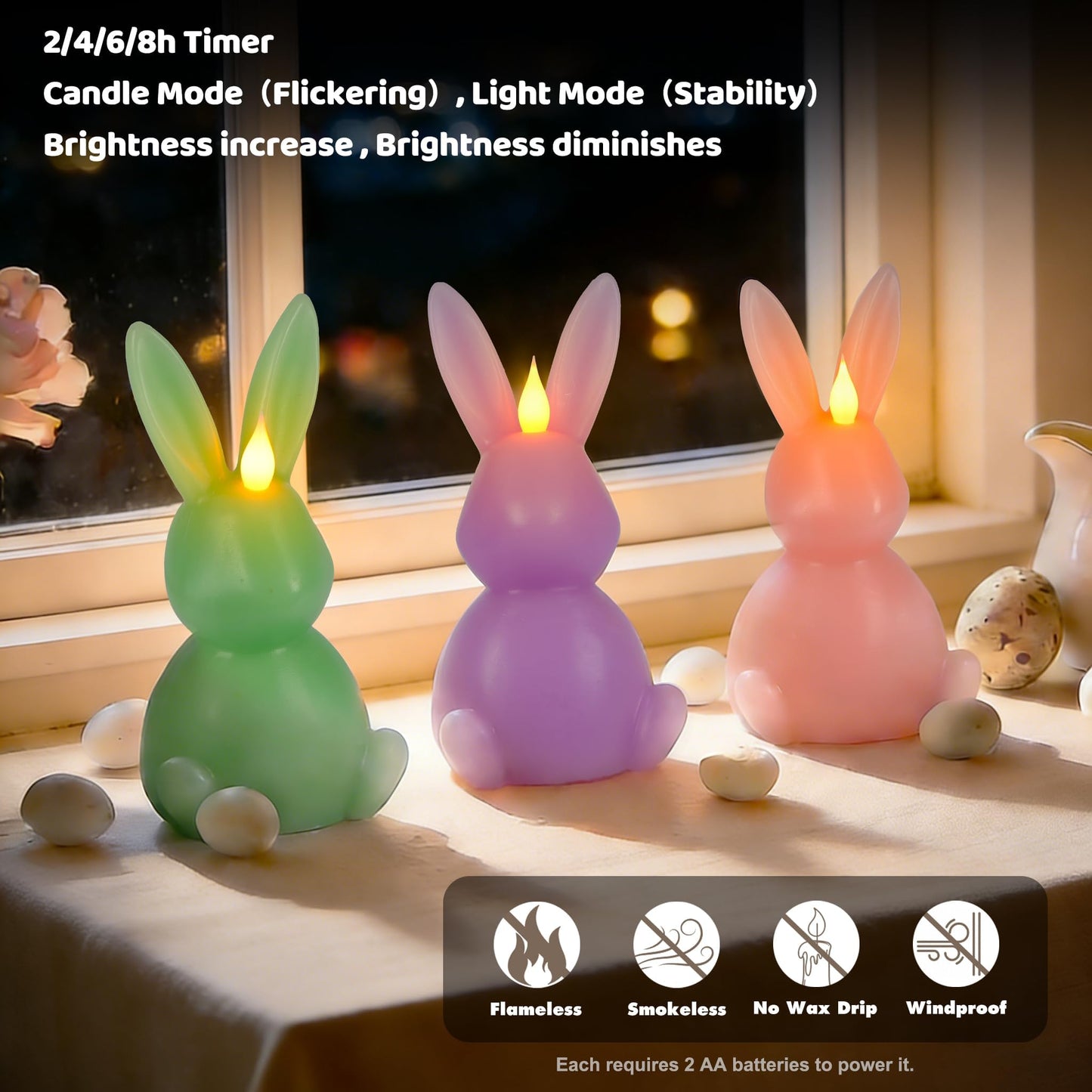 Leorate 3PCS Easter Bunny Flameless Candles – 7.5" Battery Operated LED Rabbit Candles with Flickering Flame, Green Purple Pink Real Wax Finish for Easter Decor, Table Centerpiece & Spring Home