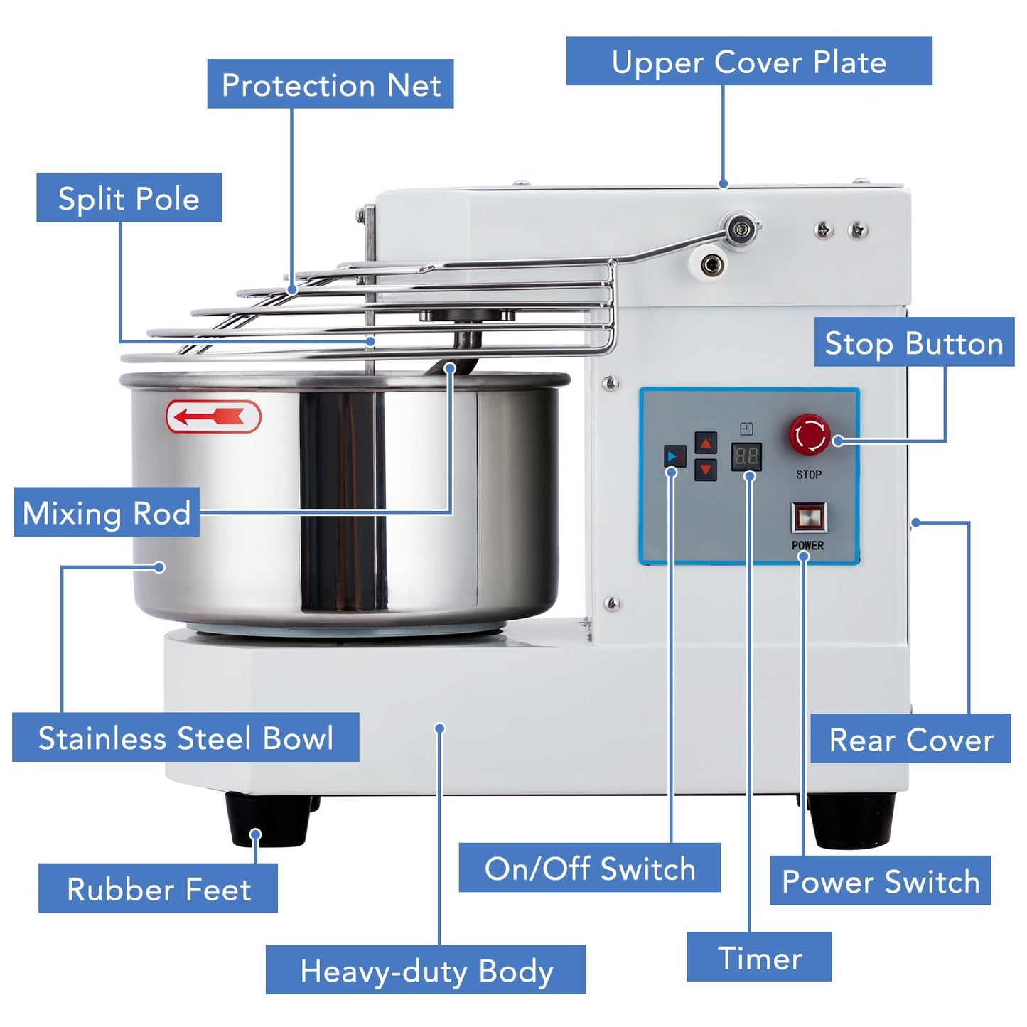 EliteEdge 10.5 Qt Commercial Food Mixer | 650W Dual-Rotation Dough Kneading Machine with Touchscreen Timer | Stainless Steel Bowl & Safety Shield for Bakeries & Restaurants