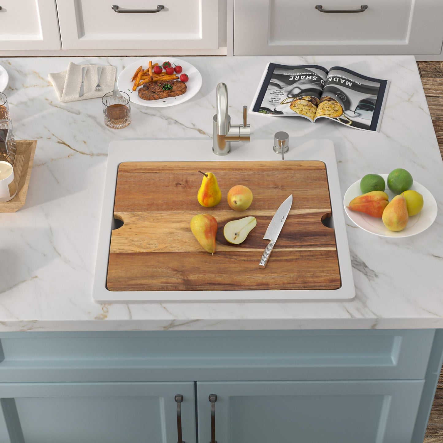 Fulorni 21"×20" Drop In Wet Bar Sink Workstation - White Granite Composite Quartz Classic Top Mount Single Bowl Outdoor Kitchen Bar Prep RV Sink Basin