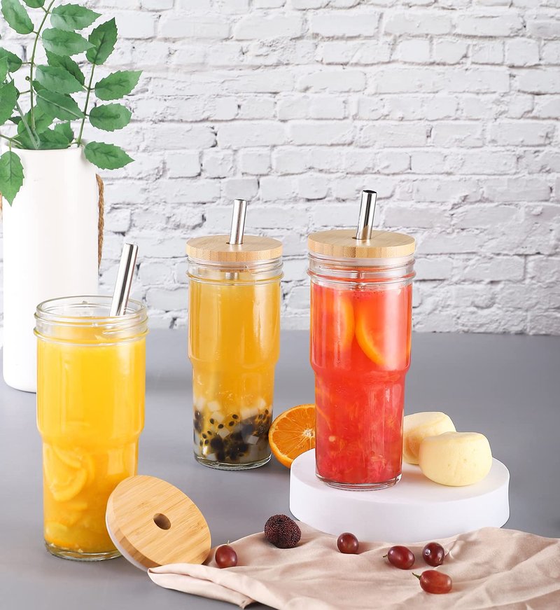 ASANMEYO 4 Pcs 24 oz Glass Cups With Bamboo Lids and Straws & 4 Airtight Lids, Reusable Smoothie Cups Mason Jar Drinking Glasses Iced Coffee Cups Glass Tumbler for Bubble Tea, Juice, Gift