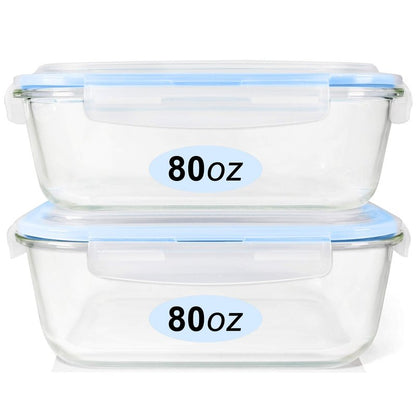 EcoEvo Glass Food Storage Containers Set, Large Size Containers with Lids, BPA-free Locking lids, 100% Leak Proof Glass Meal Prep Containers, Freezer to Oven Safe (2 Pack of 80oz)