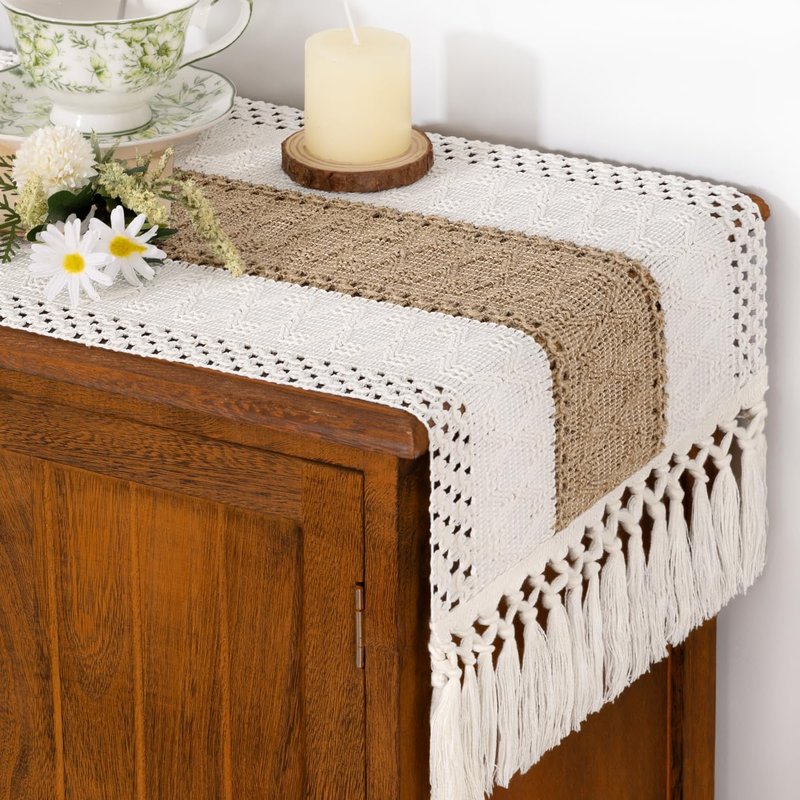 Socomi Boho Table Runner Summer Farmhouse Rustic Dining Kitchen Centerpiece Decor Small Macrame Woven Cotton Linen Coffee Table Runner for Dresser Scarf Home Decor 12x90 inch