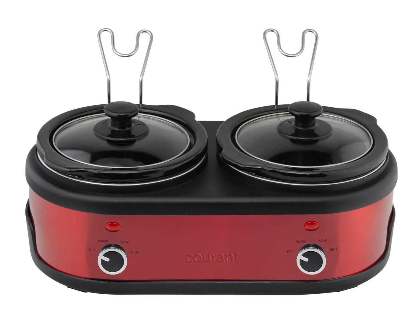 Courant 3.2-Quart Double Slow Cooker (1.6-Qt each) w/Warm Settings, Stainproof Stoneware Pots and Glass Lids – Red Stainless Steel