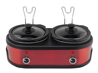 Courant 3.2-Quart Double Slow Cooker (1.6-Qt each) w/Warm Settings, Stainproof Stoneware Pots and Glass Lids – Red Stainless Steel