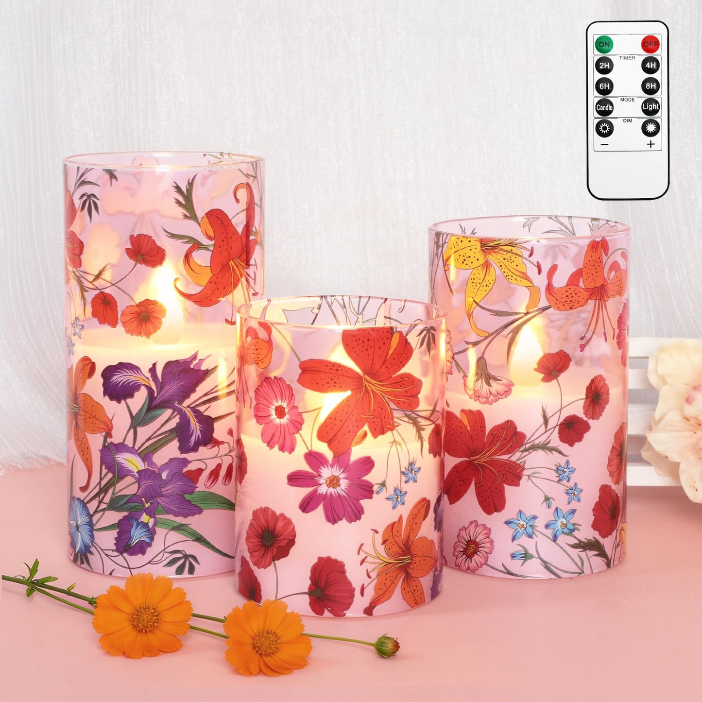 Impress Life Floral Flameless Candles with Remote, 3PCS Battery Operated LED Pillar Candles, Flickering Real Wax Glass Candles for Spring Decor Home Wedding Table Centerpiece Gift