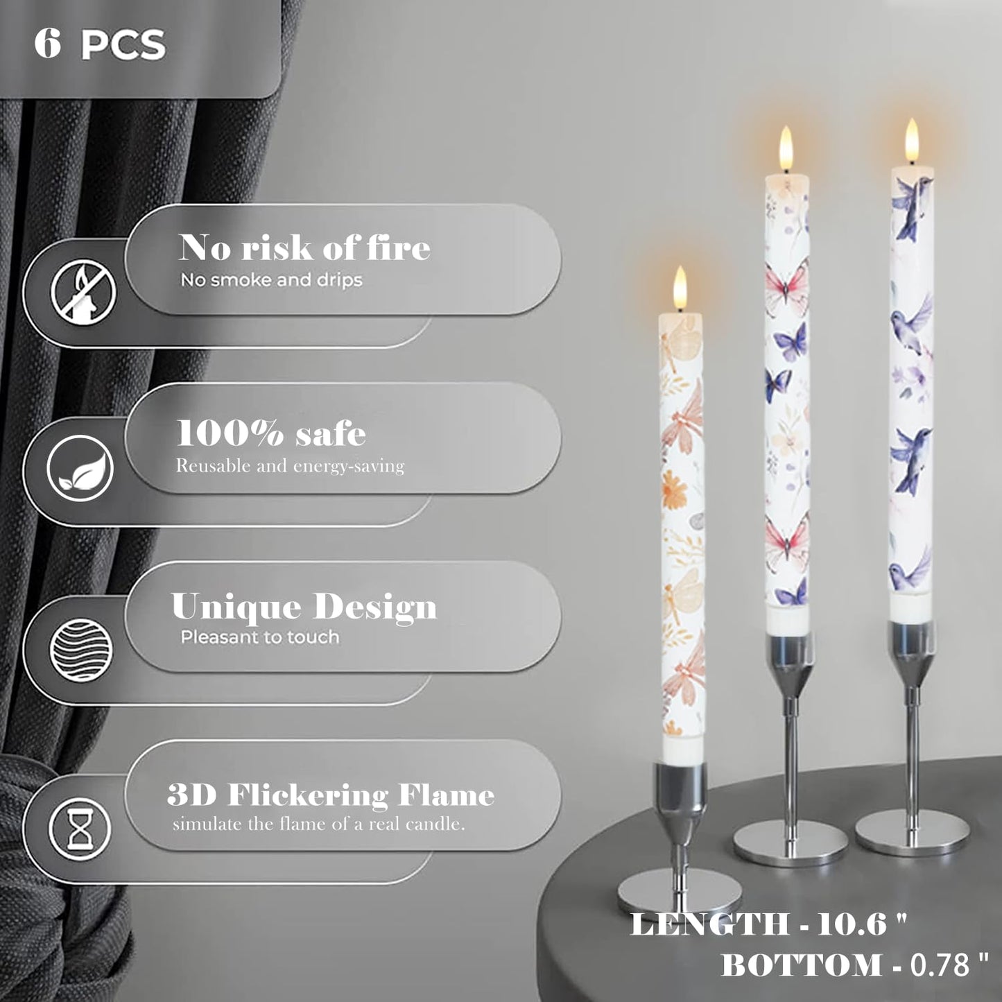 MAITREYA Flameless Taper Candles Dragonfly Butterfly Hummingbird Decor Candle Battery Operated Led Candlesticks for Wedding Party Home Table Centerpiece Christmas Halloween Gifts，10.6 Inch，6 Pcs