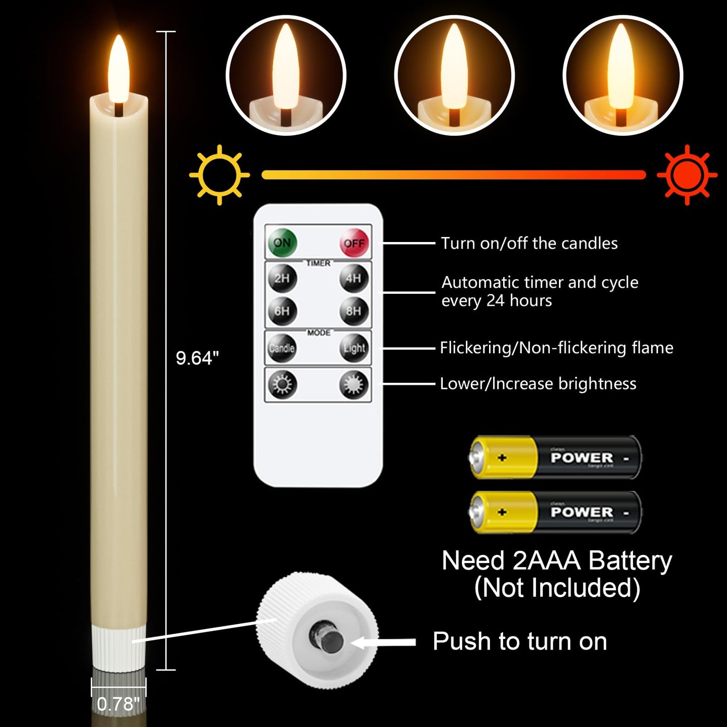 Wondise Flameless Taper Candles with Remote Timer, Real Waxy Battery Operated Flickering Candlesticks, 3D Wick LED Candles 9.6inch for Halloween Christmas Holiday Wedding Decoration (Ivory