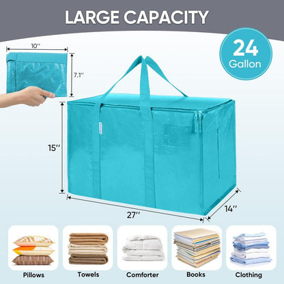 TICONN 8 Pack Extra Large Moving Bags Heavy Duty with Zippers & Carrying Handles, Durable Storage Bags Moving Boxes for Closet Organizers and Storage (8 Pack, Aqua)