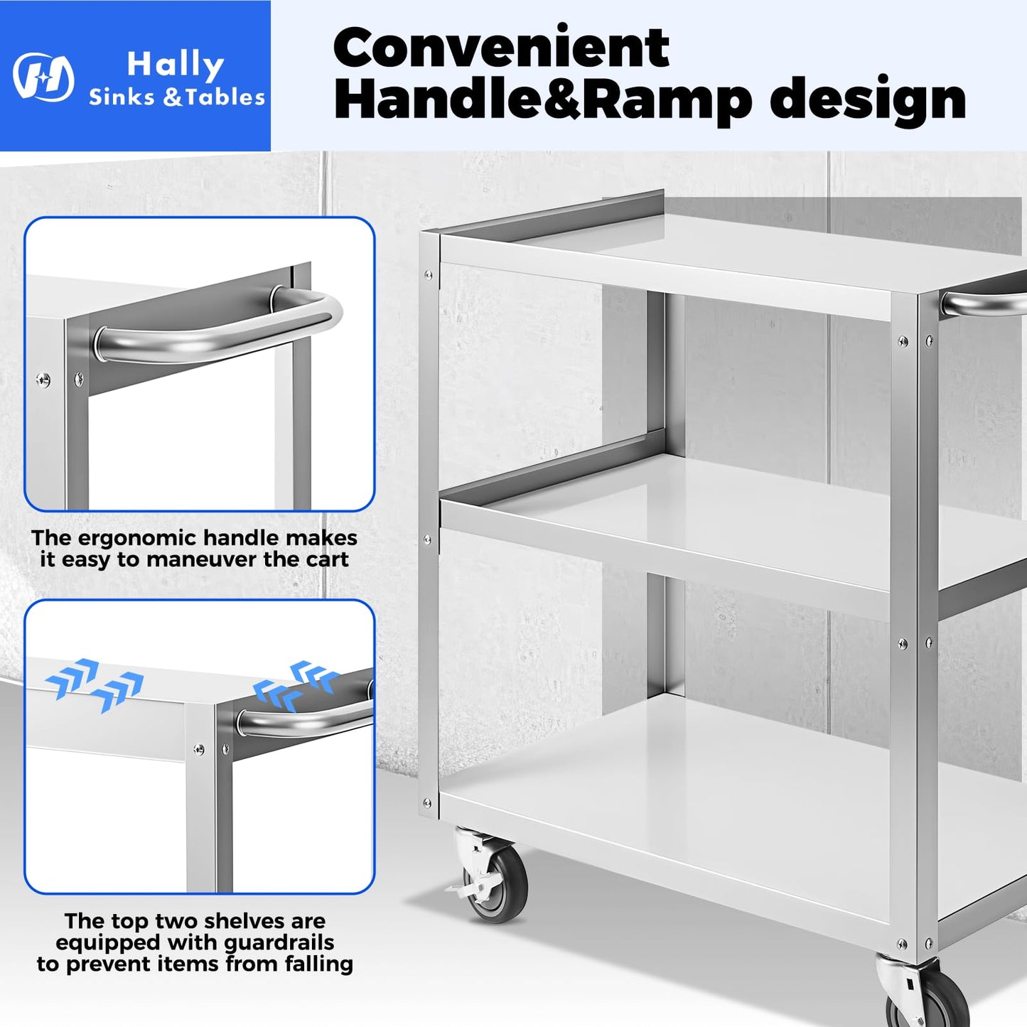 Hally Stainless Steel Utility Cart 3 Tier NSF Commercial Heavy Duty Metal Mobile Food Rolling Cart with Handle and Wheels for Kitchen, Restaurant, Hospital, Laboratory and Home, 31" L x 19" W x 34" H