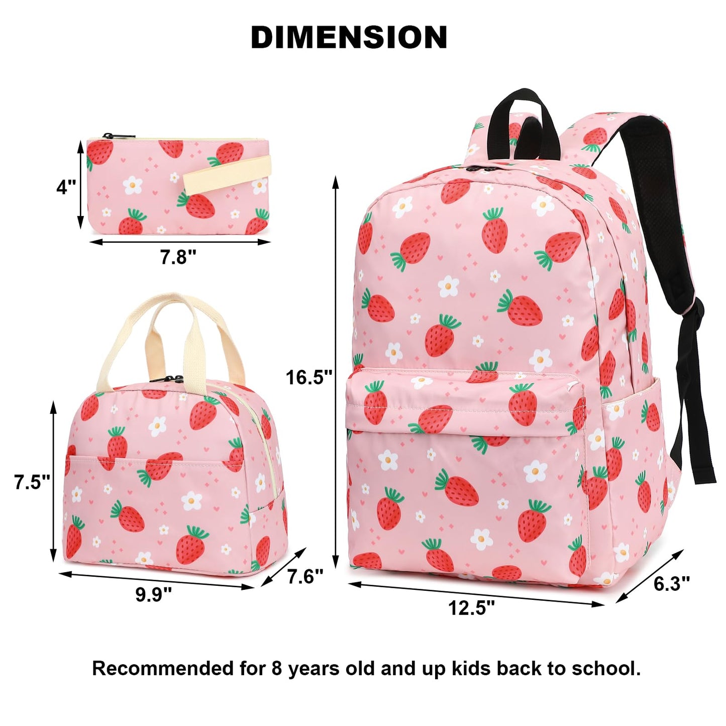 Xunteny Strawberry Girls School Backpack for Kids Teens, Elementary Middle School Backpacks Bookbag Set with Lunch Bag Pencil Case