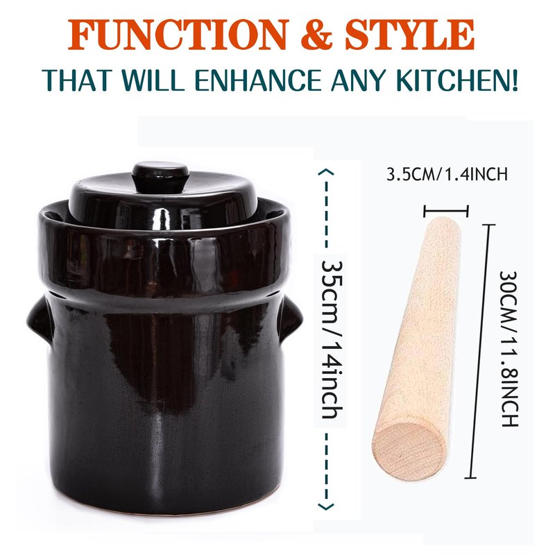 Fermentation Crock Jar 5 Liter / 1.3 Gallon - Stoneware Pot for Fermenting, Pickling Kimchi, Pickles, Vegetables, Kombucha - Glazed Fermenter with Stone Weights, Lid & Pickle Tamper
