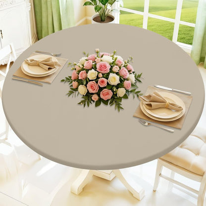 Moosfor Round Spandex Tablecloth, Elastic Fitted Waterproof Tablecloths for 57"-68" Tables, Stretch Washable Picnic Table Cover for Camping, Dining, Indoor and Outdoor, Taupe