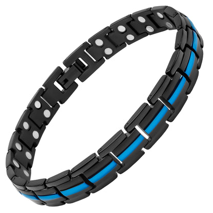 MagnetRX® Thin Blue Line Bracelet for Women - Ultra Strength Magnetic Titanium Bracelets - Adjustable Length & Sizing Tool - Police Support Black and Blue Bracelet (Blue Line)
