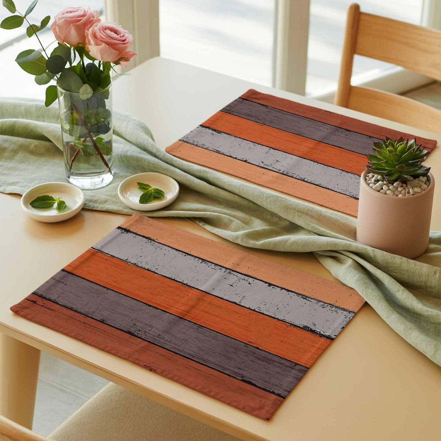 Farmhouse Fall Thanksgiving Placemats Set of 6, Retro Rustic Barn Wood Texture Polyester Stain Resistant Table Mats Washable Placemat Decoration for Kitchen Dining Table Ombre Burnt Orange Gray