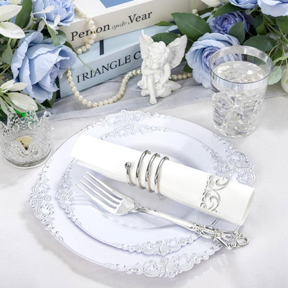 YOUBET 700PCS Silver Plastic Plates - White and Silver Disposable Plates - Silvery Plastic Dinnerware Set - Include 200 Plates, 300 Heavy Duty Silverware, 100 Cups and 100 Napkins for Wedding & Party