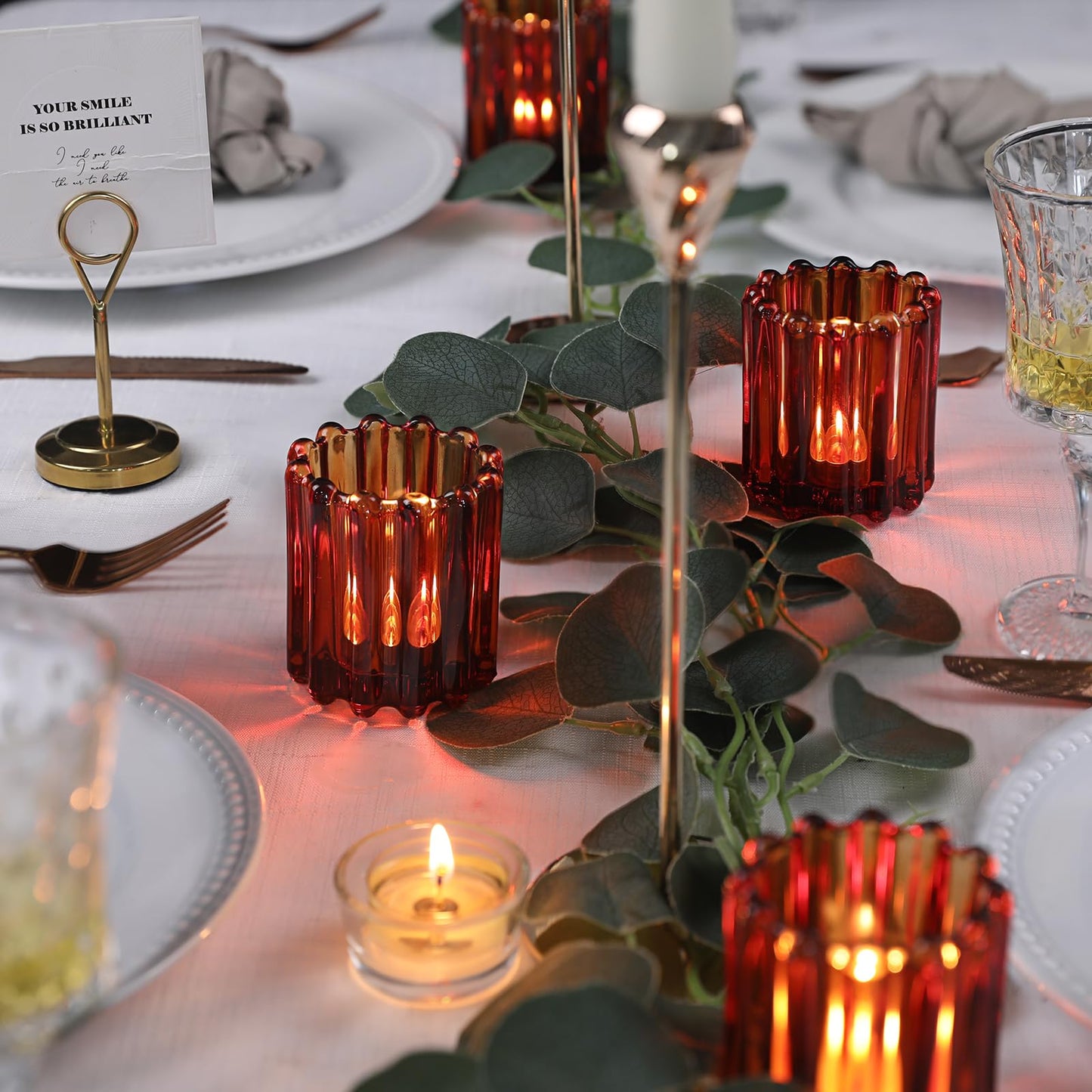 HAVITI Glass Amber Votive Candle Holder, Ribbed Votive Candle Holders Set of 12, Tealight Candle Holder for Wedding Centerpieces Dinner Party Table Decor