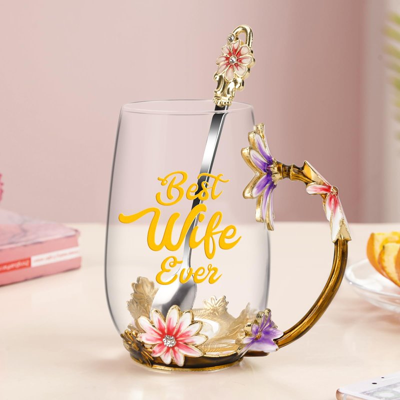 OEAGO Gifts for Wife from Husband Romantic Tea Cup Gifts for Her Birthday Flower Glass Mugs Wedding Mothers Day Christmas Anniversary