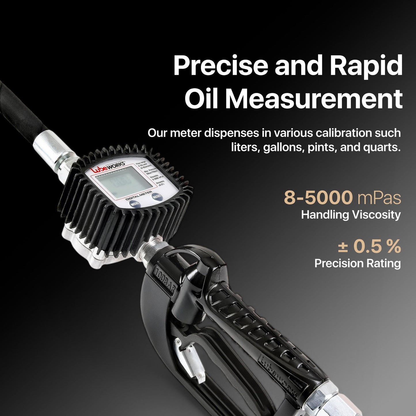 Lubeworks Oil Control Valve Digital Meter Dispensing Nozzle 10GPM/35LPM Heavy Duty Air Operated Pneumatic 1/2" inch NPT Inlet Pressure Range 7-725 Psi 5-50 Bar with Flexible Spout (Not for Gasoline)