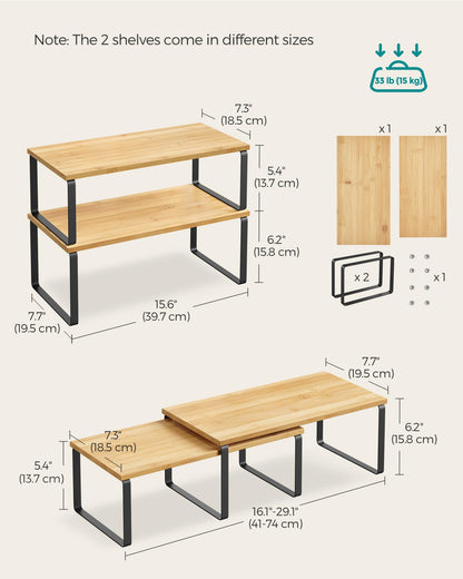 SONGMICS Cabinet Organizer Shelf, Set of 4 Kitchen Counter Shelves, Kitchen Storage, Spice Rack, Stackable, Expandable, Metal and Engineered Wood, Cloud White and Natural Beige UKCS010N01