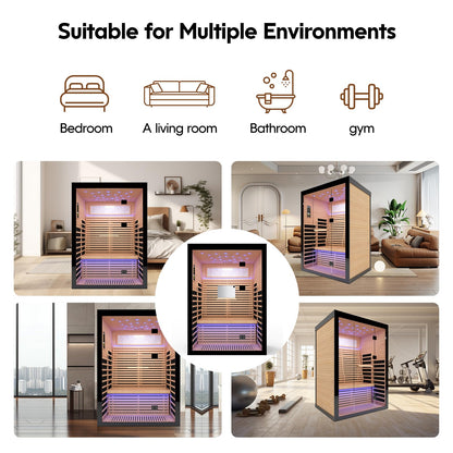 OUTEXER 2 Person Infrared Sauna Room Far Infrared Saunas Home Canadian Hemlock Indoor 2100W Low-EMF Dry Saunas with Oxygen Bar 7 Color Therapy 53.1 * 47.2 * 74.8inch
