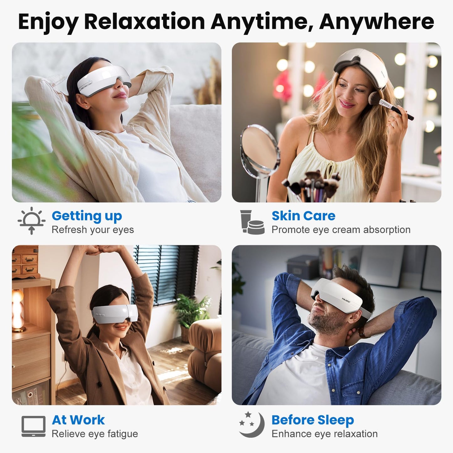 TOLOCO Eye Massager with Heat, FSA/HSA Eligible Eye Mask Massager for Migraines with Bluetooth Music, Face Massager for Eye Strain, Improve Sleep, Wedding, Birthday Gifts for Women/Men