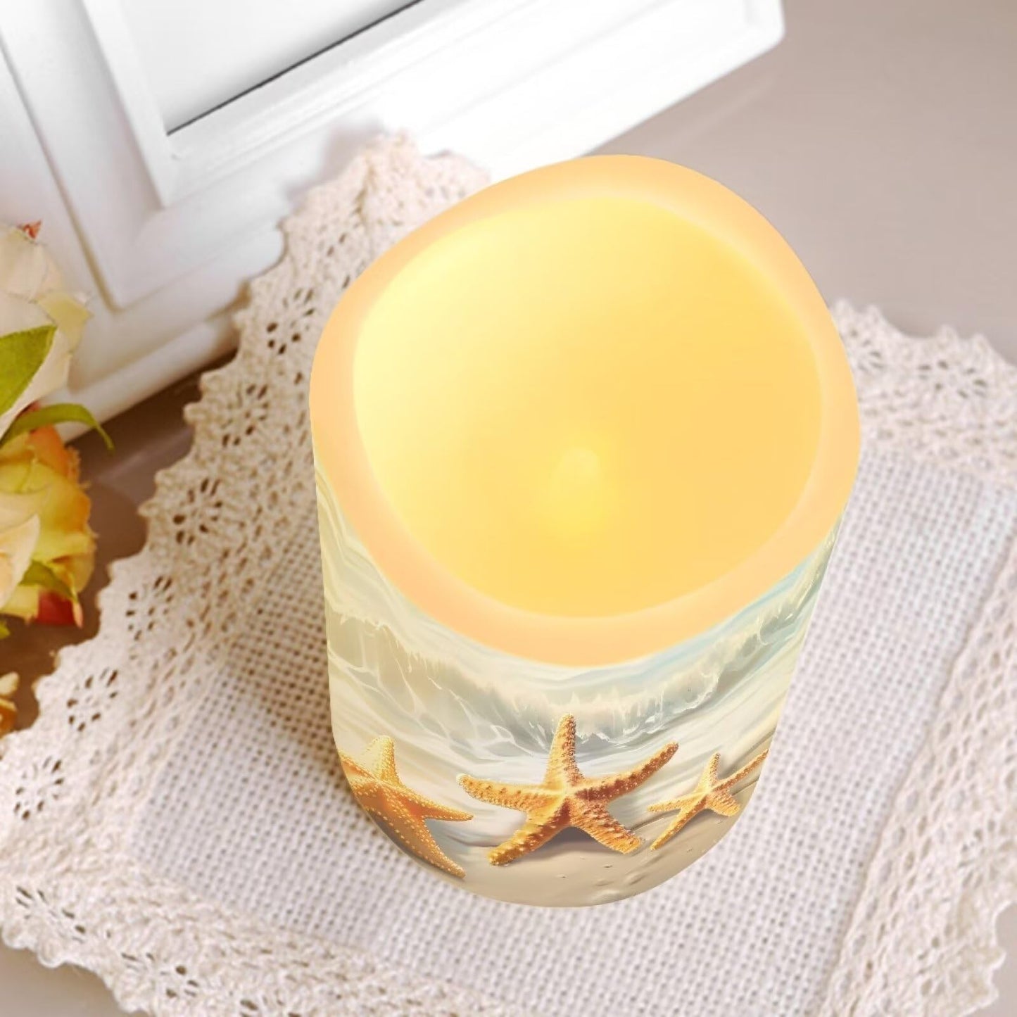 Uorisanigo Starfish Beach Flameless Candles with Remote Flickering Led Candles with Timer Set of 4 Electric Pillar Candles Battery Operated Fake Candles for Kitchen Room Home Decor